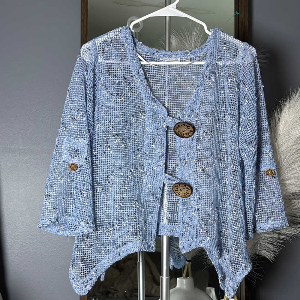 Nina Leonard Blue Asymmetrical 3/4 Sleeve Blouse